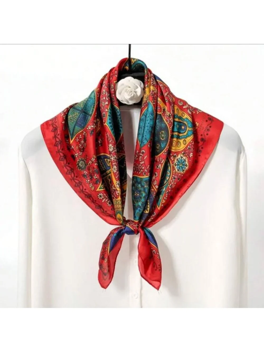 Elegant Luxury Silky Square Scarf Satin Red Tree Leaf Print Bandana Shawl Floral